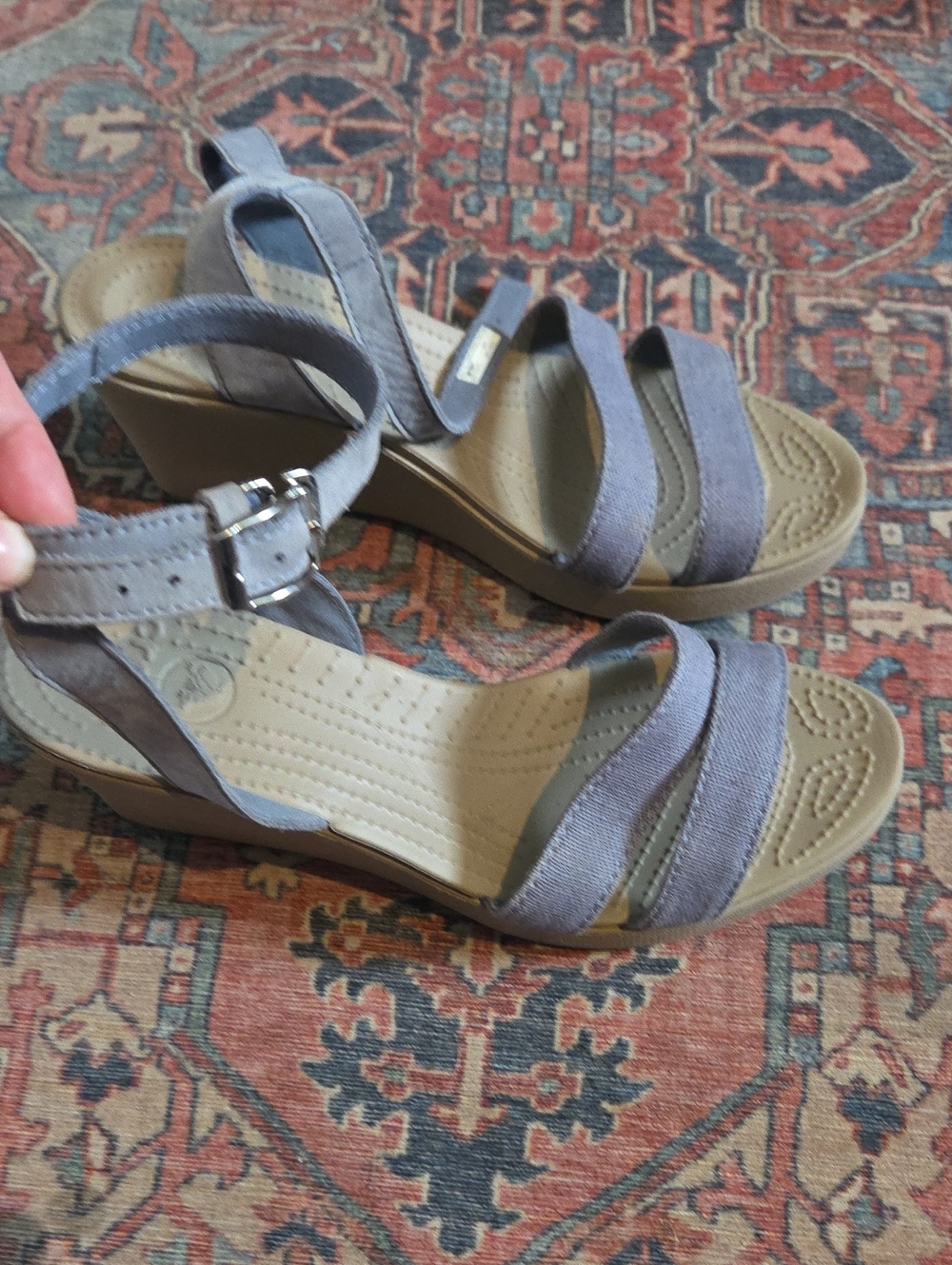 Crocs Blue leigh wedge heel canvas/leather ankle strap slip on w10